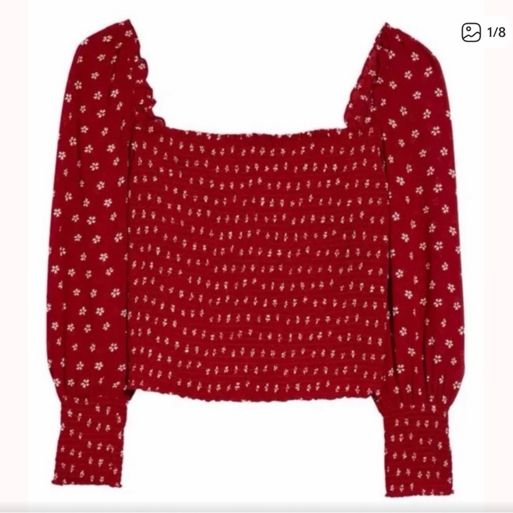 Reformation Pinto Nigella Floral Print Smocked Puff Sleeve Red Blouse